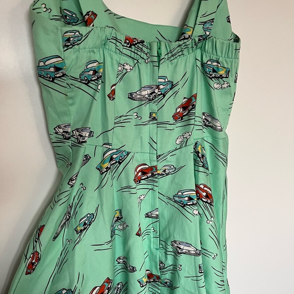 Retro Green Mini Dress w Vintage Car Pattern - Picture 6 of 7